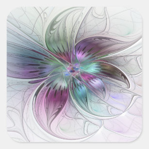 Colorful Abstract Flower Modern Floral Fractal Art Square Sticker