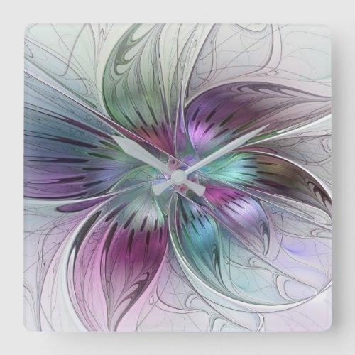 Colorful Abstract Flower Modern Floral Fractal Art Square Wall Clock