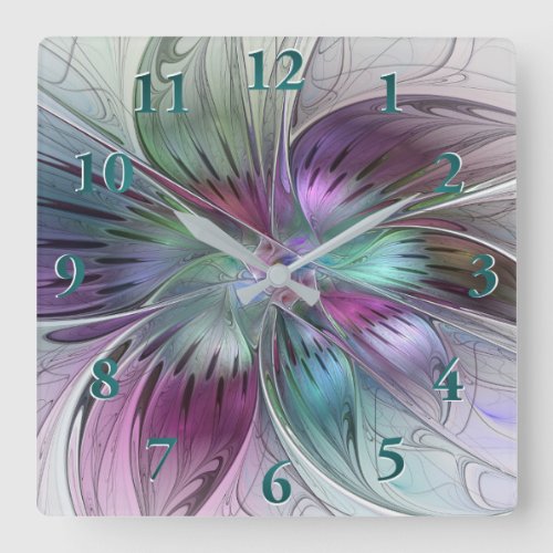 Colorful Abstract Flower Modern Floral Fractal Art Square Wall Clock