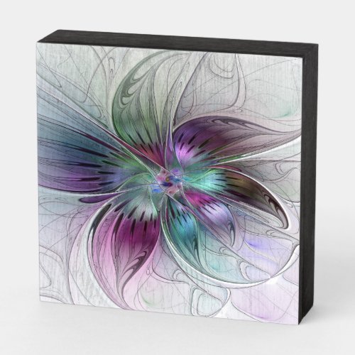 Colorful Abstract Flower Modern Floral Fractal Art Wooden Box Sign