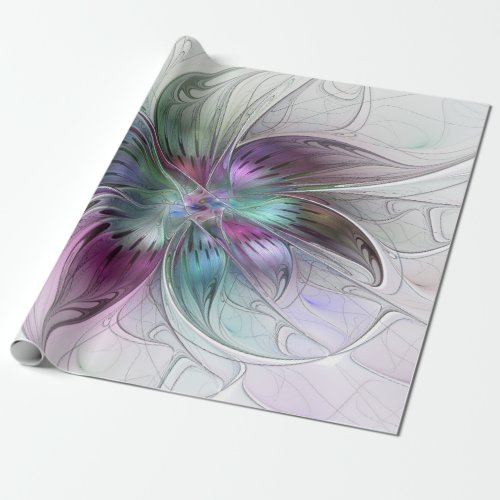 Colorful Abstract Flower Modern Floral Fractal Art Wrapping Paper