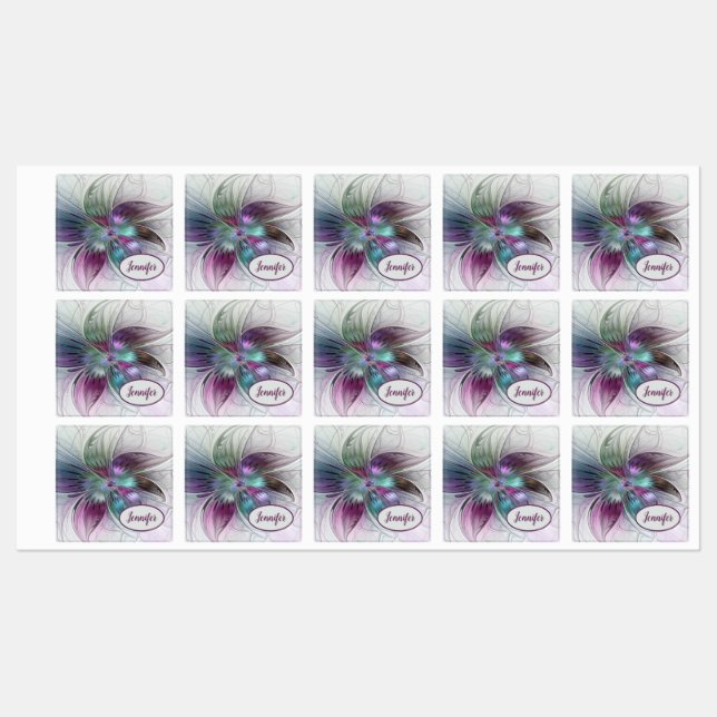 Colorful Abstract Flower Modern Fractal Art Name Labels (Sheet)