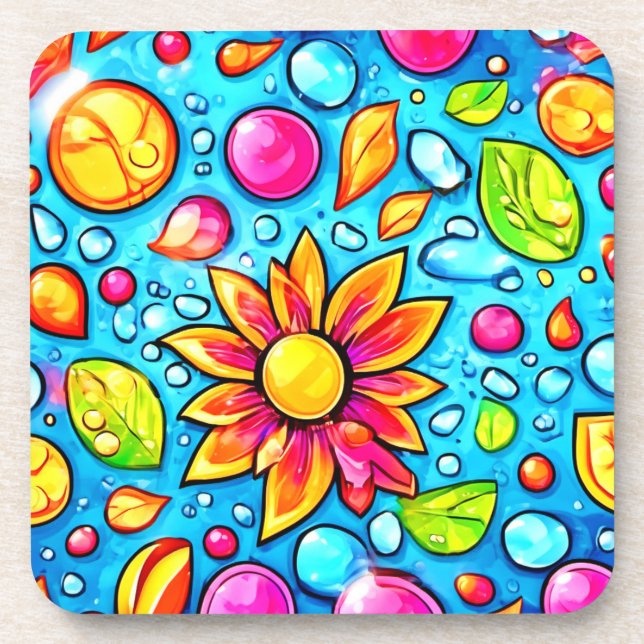 Colorful abstract flower pattern beverage coaster (Front)
