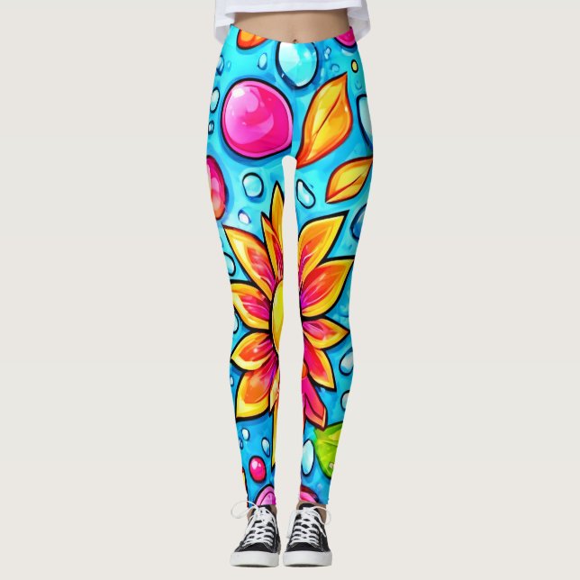 Colorful abstract flower pattern leggings (Front)