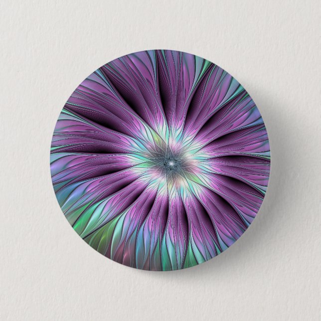 Colorful Abstract Flower Pink Blue Green Fractal Button (Front)
