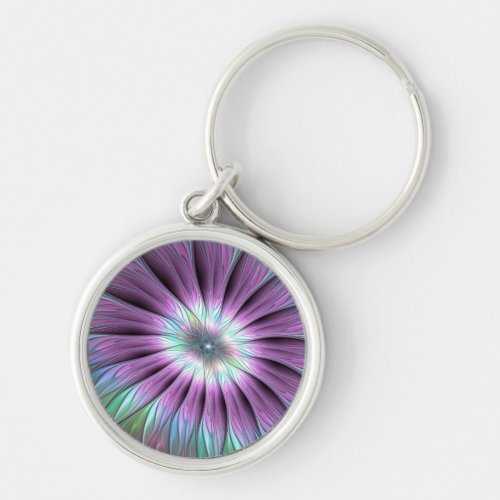 Colorful Abstract Flower Pink Blue Green Fractal Keychain