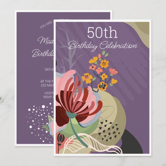 Colorful Abstract Flowers Birthday Invitation (Front/Back)