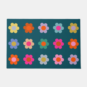 Colorful Abstract Flowers Navy Blue Retro Floral Doormat