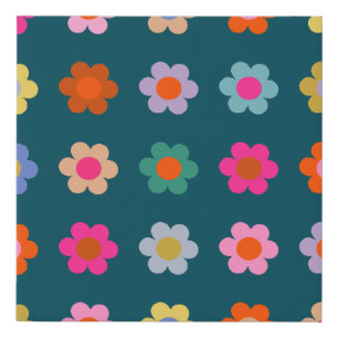 Colorful Abstract Flowers Navy Blue Retro Floral  Faux Canvas Print