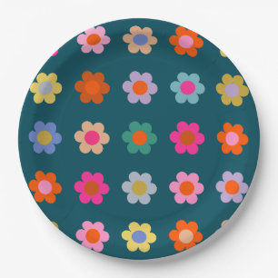 Colorful Abstract Flowers Navy Blue Retro Floral Paper Plates
