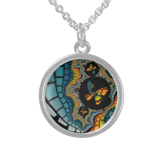 colorful abstract Fractal Butterfly Cacoon Sterling Silver Necklace (Front)