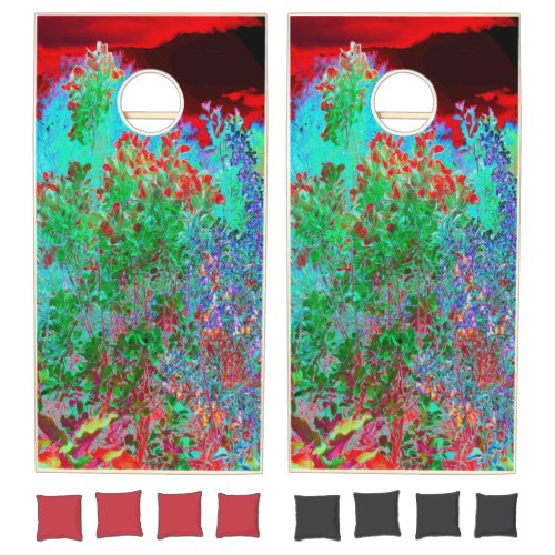 Colorful Abstract Garden with Crimson Sunset Cornhole Set