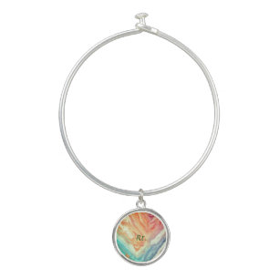 Colorful abstract geometric marble add name letter bangle bracelet