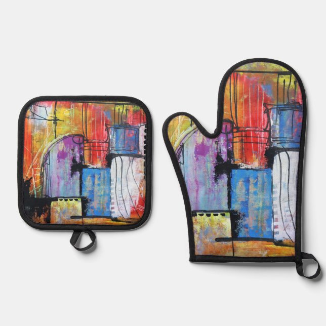 Colorful Abstract Geometric Oven Mitt & Pot Holder Set (Front)