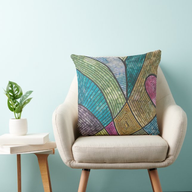 Colorful Abstract Geometric Pattern Curved Lines Throw Pillow (Chair)