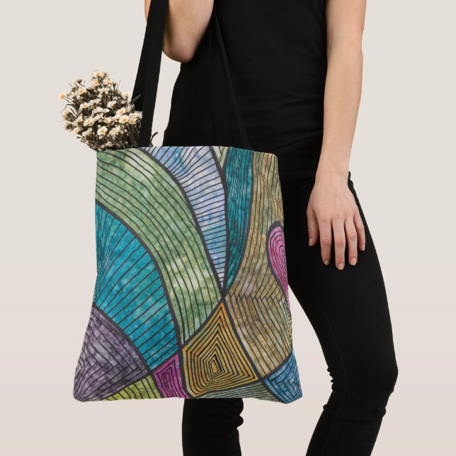 Colorful Abstract Geometric Pattern Curved Lines Tote Bag (Close Up)