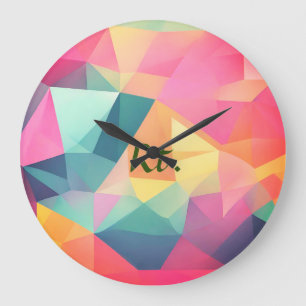 Colorful abstract geometric shapes add letter name large clock