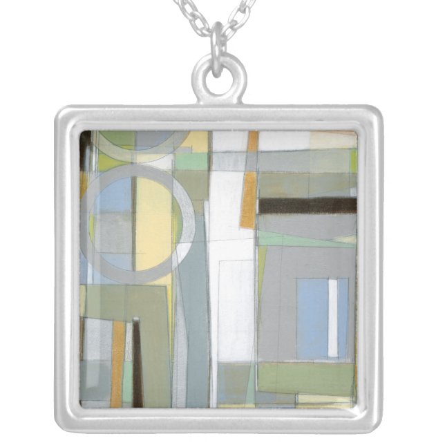 Colorful Abstract Geometric Shapes Silver Plated Necklace (Front)