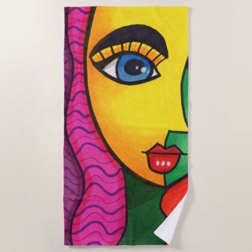 Colorful Abstract Girl Face Beach Towel