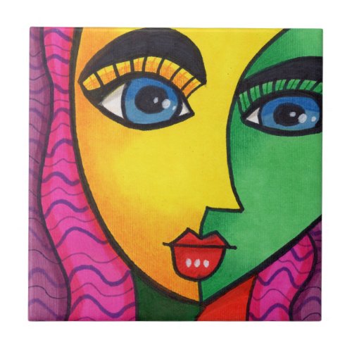 Colorful Abstract Girl Face Ceramic Tile