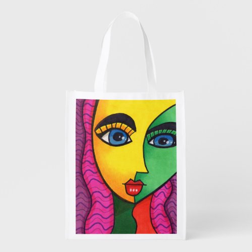 Colorful Abstract Girl Face Grocery Bag