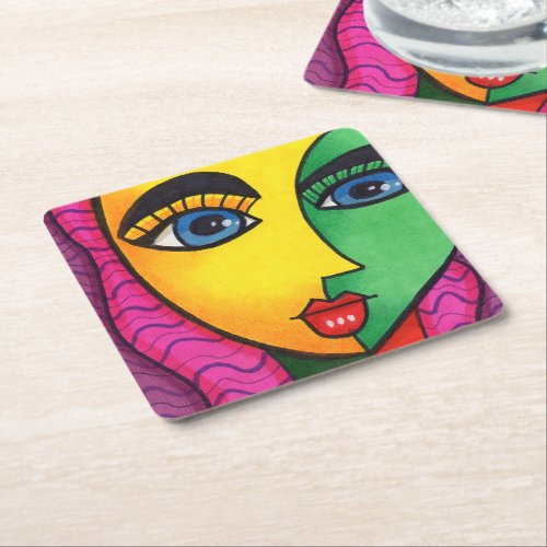 Colorful Abstract Girl Face Square Paper Coaster