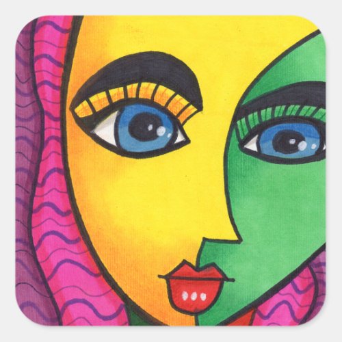Colorful Abstract Girl Face Square Sticker