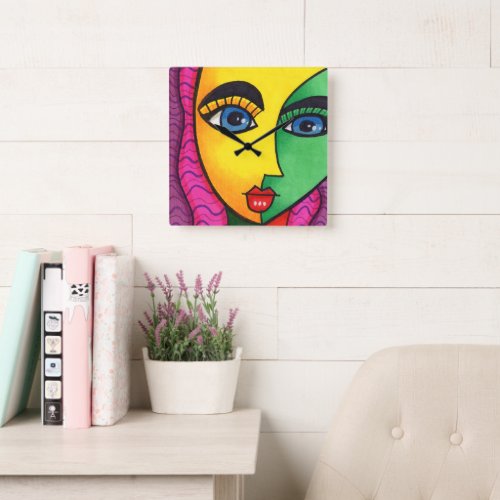 Colorful Abstract Girl Face Square Wall Clock