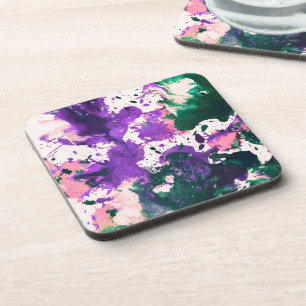 Colorful Abstract Green and Purple Splatter Paint Beverage Coaster