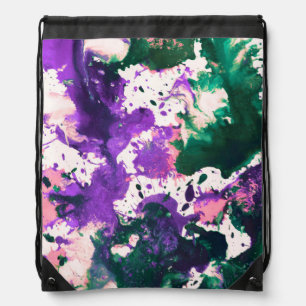 Colorful Abstract Green and Purple Splatter Paint Drawstring Bag