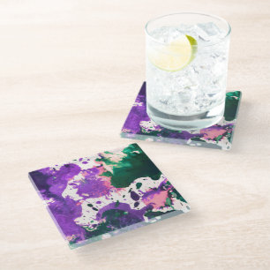 Colorful Abstract Green and Purple Splatter Paint Glass Coaster