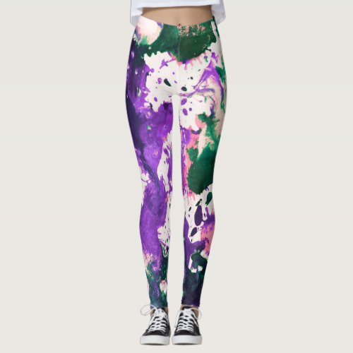 Colorful Abstract Green and Purple Splatter Paint Leggings