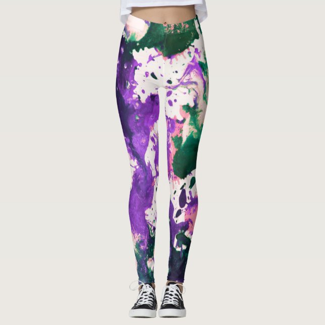 Colorful Abstract Green and Purple Splatter Paint Leggings (Front)
