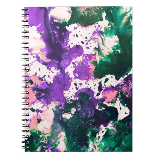 Colorful Abstract Green and Purple Splatter Paint Notebook (Front)