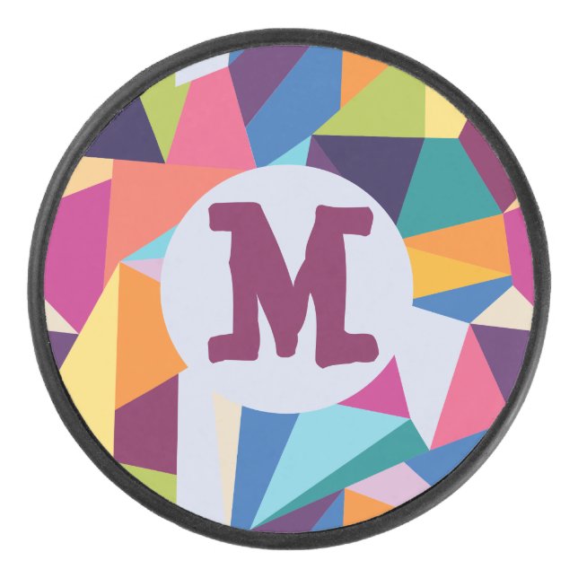 Colorful Abstract Hockey Puck with Initial (Front)