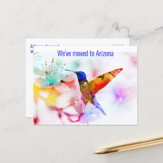 Colorful Abstract Hummingbird Change of Address Postcard