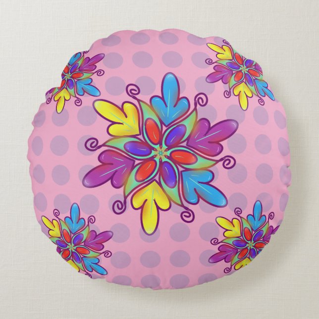 Colorful Abstract Kaleidoscope Flower Pattern Round Pillow (Front)