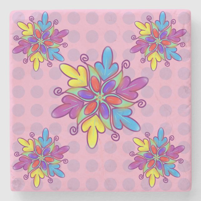 Colorful Abstract Kaleidoscope Flower Pattern Stone Coaster (Front)