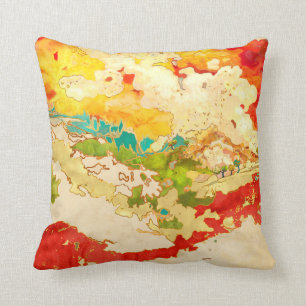 Colorful, abstract landscape, hills, lake, trees throw pillow