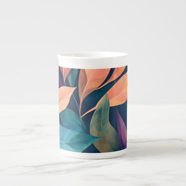 Colorful Abstract Leaves Bone China Mug (Front)