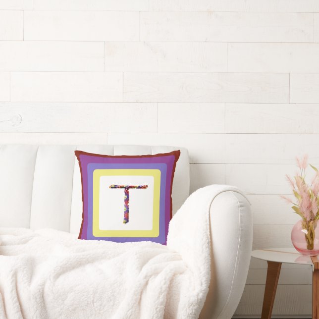 Colorful Abstract Letter T Initial Monogram Throw Pillow (Couch)