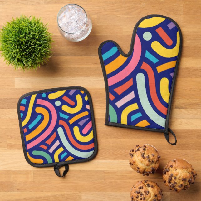 Colorful Abstract Lines  Oven Mitt & Pot Holder Set (Top Down)