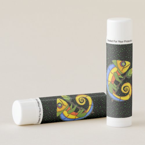 Colorful Abstract Lizard on Branch Green Polka Dot Lip Balm