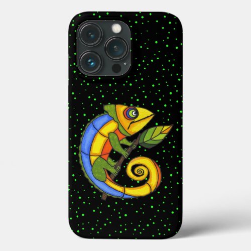 Colorful Abstract Lizard on Twig Leaf Green dots iPhone 13 Pro Case