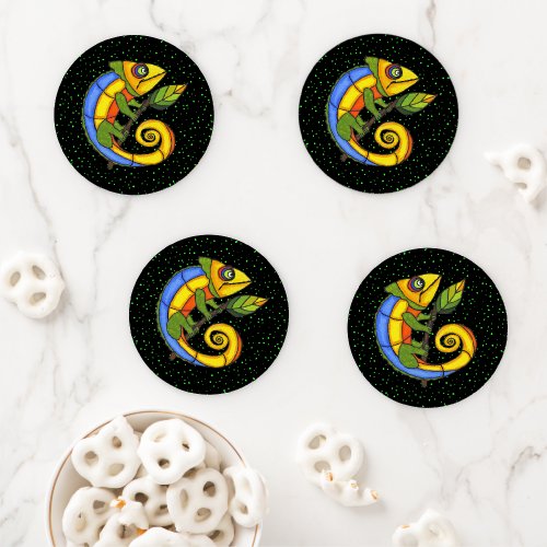 Colorful Abstract Lizard Twig With Leaf Green Dots Coaster Set