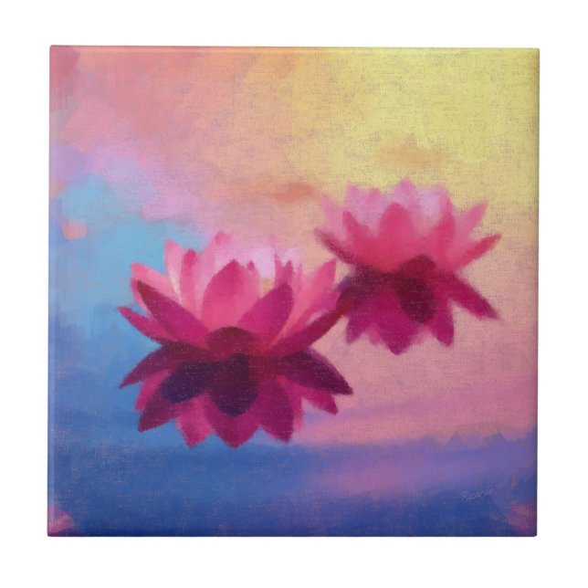 Colorful Abstract Lotus Flowers Ceramic Tile (Front)