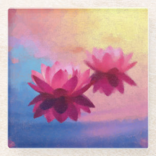 Colorful Abstract Lotus Flowers Glass Coaster