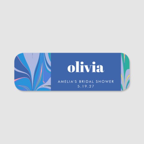 Colorful Abstract Marble Blue Custom Bridal Shower Name Tag
