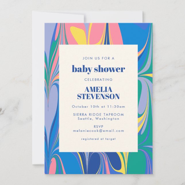 Colorful Abstract Marble Blue Pink Baby Shower Invitation (Front)