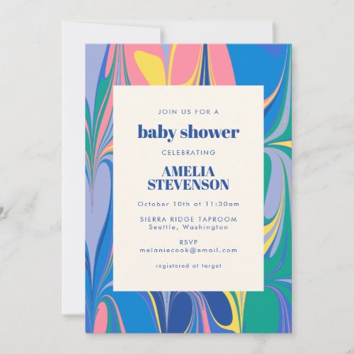Colorful Abstract Marble Blue Pink Baby Shower Invitation